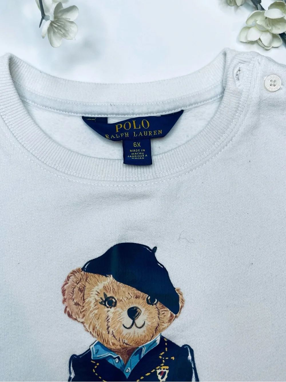 Ralph Lauren White Polo Bear Long Sleeve Sweatshirt with Navy Accent